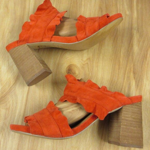 FREE PEOPLE Rosie Ruffle Heels Sz 38 Red Orange Slip On Slide Sandals Block Heel - Picture 1 of 12